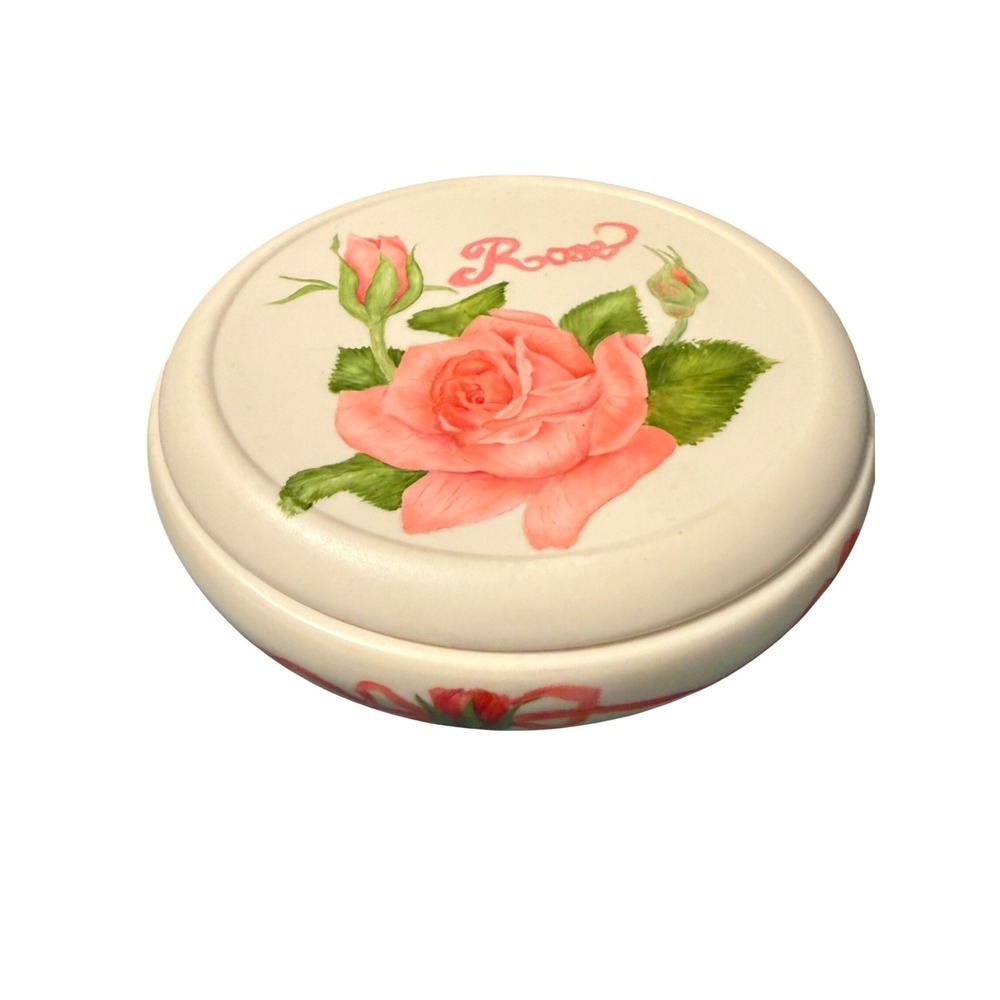 L. Jackson Hand Painted Rose Ceramic Trinket Box Signed Pink Floral Round 5.25"‎